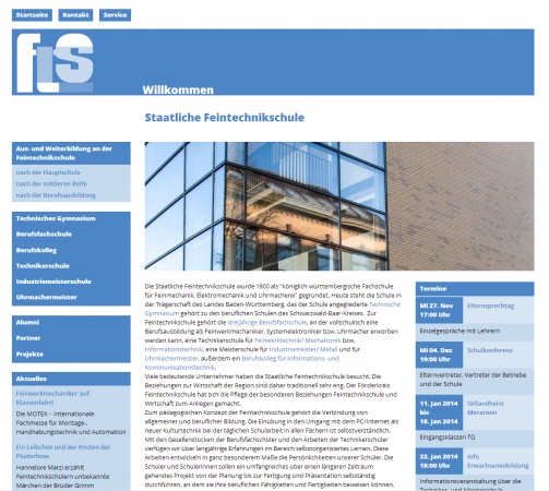 Homepage der Feintechnikschule in der Desktopansicht